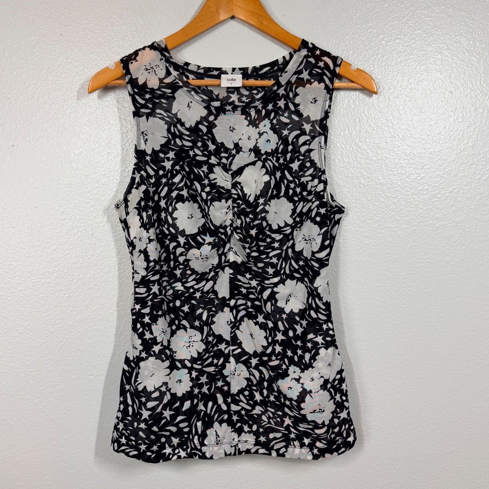 Cabi Tank Top Womens Small Black‎ Floral Star Mesh Ruched Sleeveless 6105
